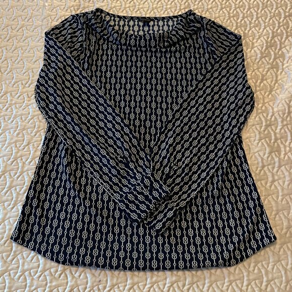 Ann Taylor Tops - Ann Taylor Classic Navy and White Pattern Blouse Drape Neckline (Size M)